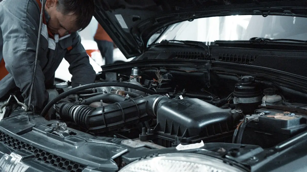 Technician working in an open engine bay